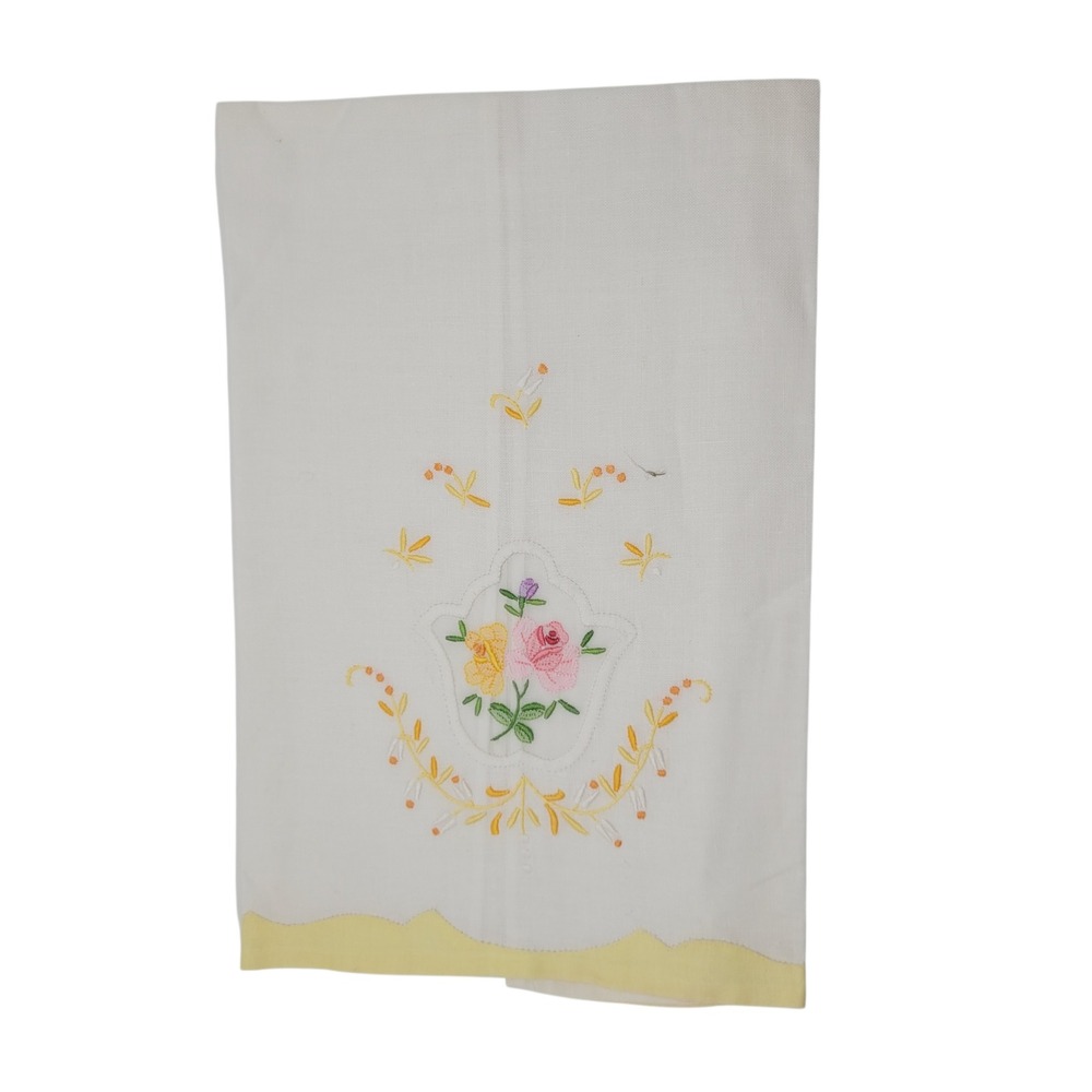 Vintage Embroidered Floral Hand  Towel White Linen Yellow Scalloped Edge Roses